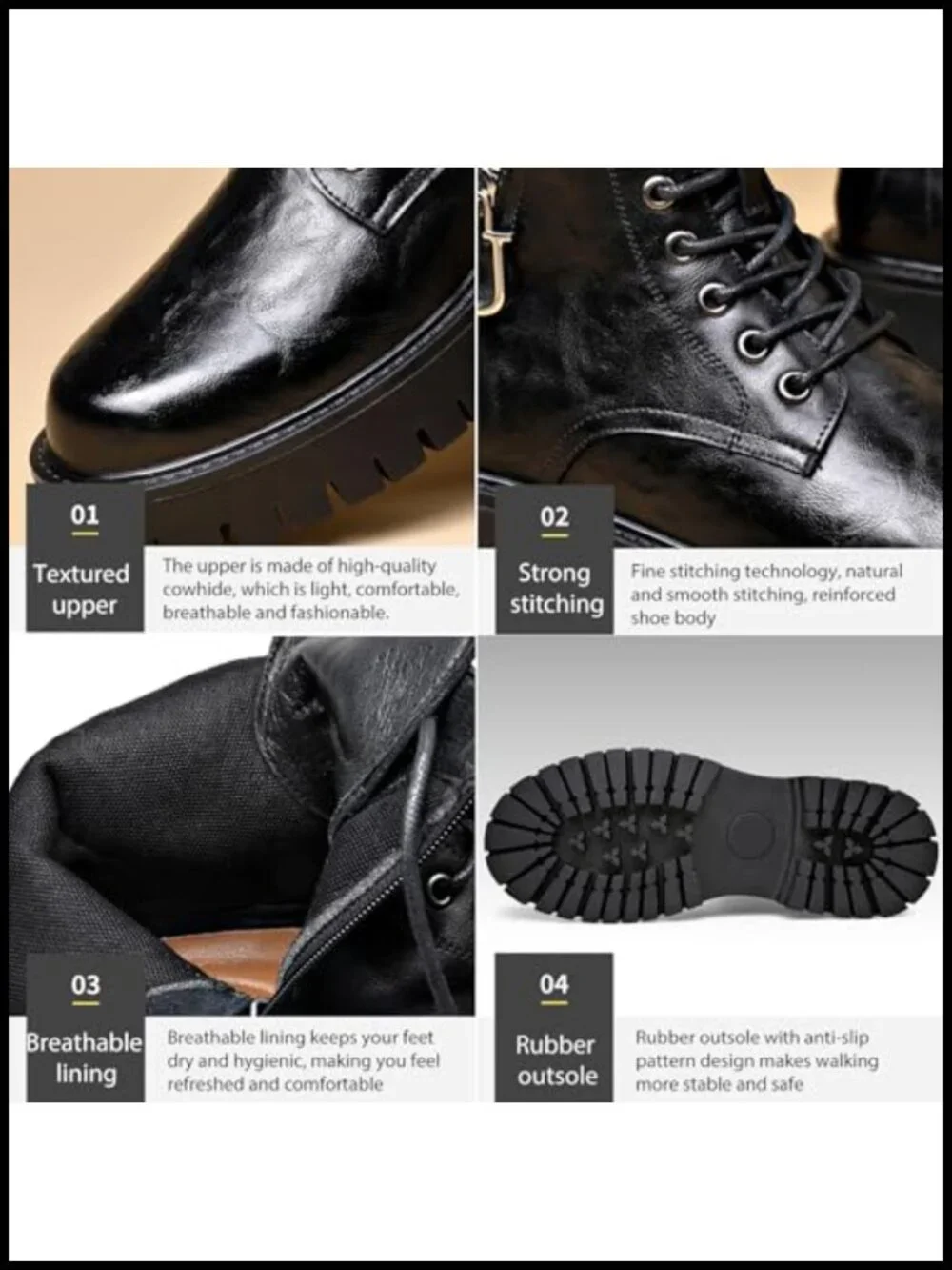 Genuine Leather Platform Combat Boots Lace Up Side Zipper Lug Sole Non-Slip